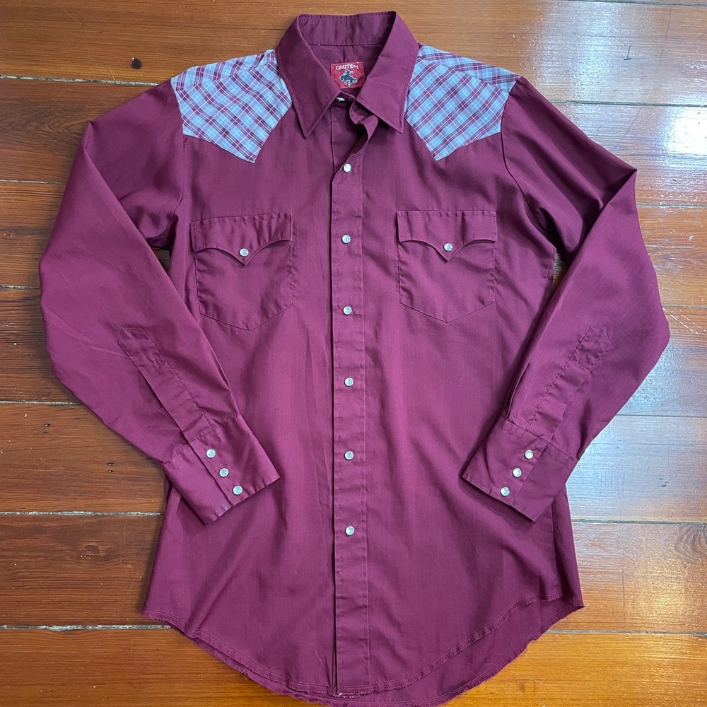 Chute #1 Vintage Western Pearl Snap Shirt Plaid Yoke Cowboy Rodeo Mens 💚🎀